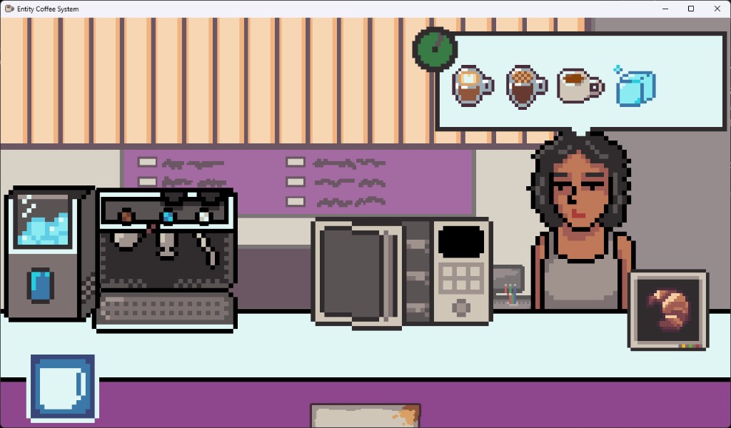 A customer at the counter. Her order bubble shows a latte, a mocha, and an iced coffee