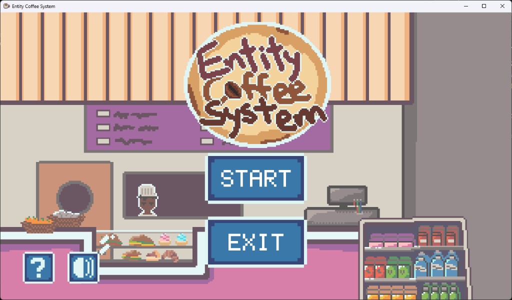 Entity Coffee System title screen, with START and EXIT over the cafe counter.