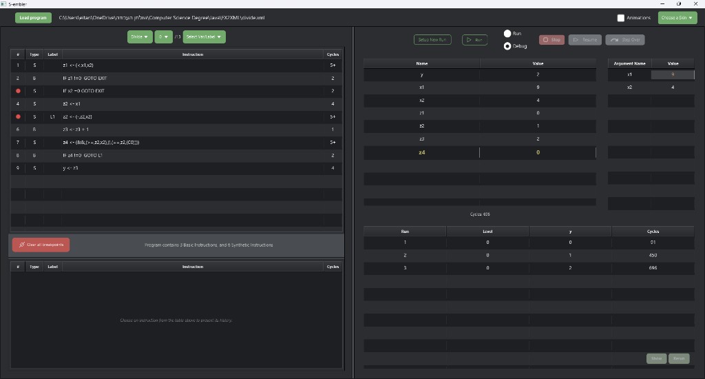 S-embly desktop window in dark mode. Divide is loaded, two lines have breakpoints, and three finished runs are listed.