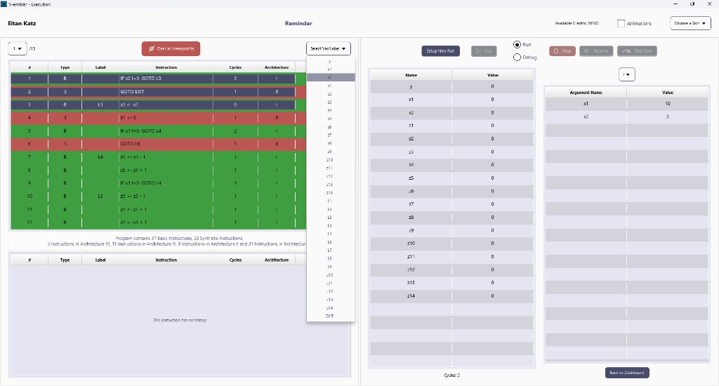 S-embly run screen for Reminder. Expansion is 1 of 13, and instruction rows are green or red by architecture.